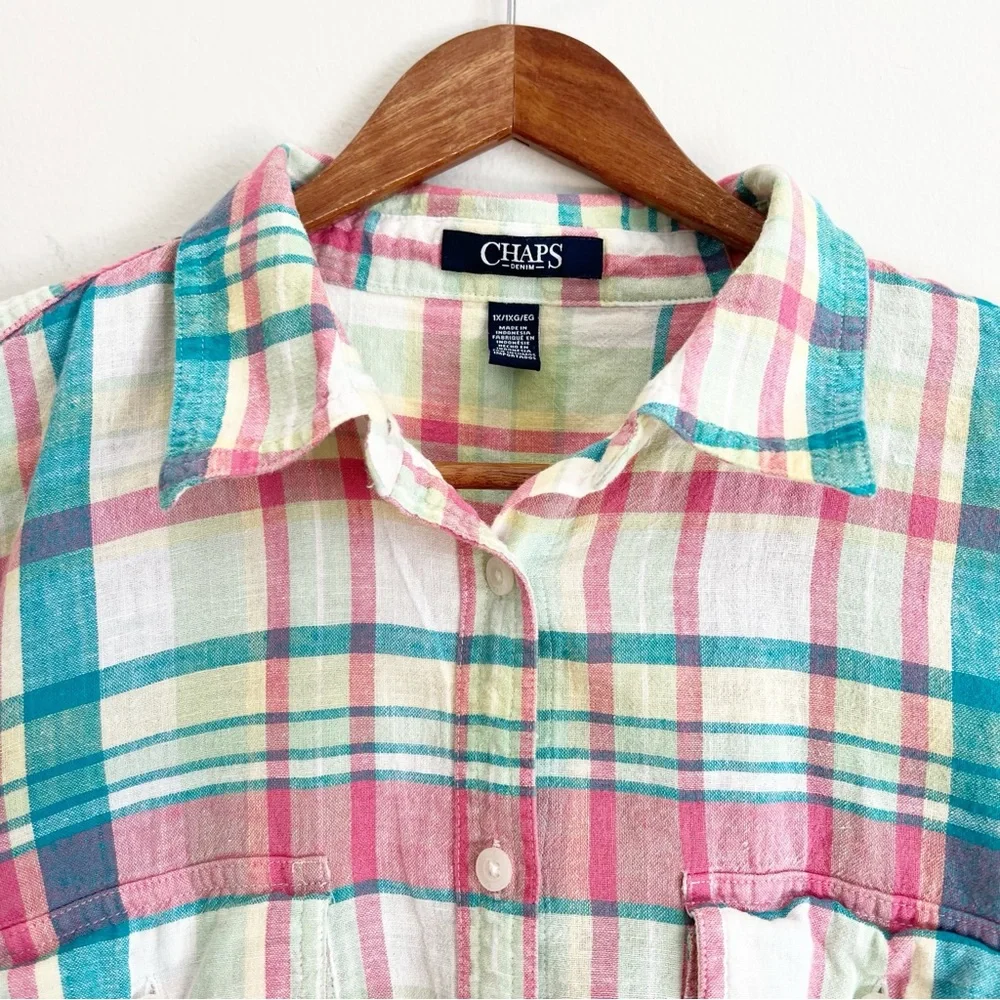 Chaps Womens Linen Blend Button Up Shirt 1X Pink Green Plaid Coastal Preppy - Picture 3 of 11